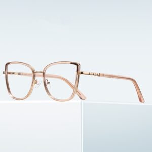 Women's rose gold metal cat-eye prescription glasses with adjustable nose pads, lightweight alloy frame for daily fashion wear.
