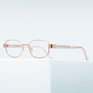 Women's rose gold metal prescription glasses with crystal-embellished temples, adjustable nose pads, elegant lightweight myopia eyewear for daily wear.