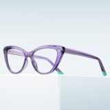 Purple translucent cat-eye prescription glasses with green temple tips, lightweight acetate frame for women