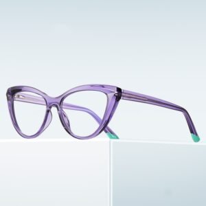 Purple translucent cat-eye prescription glasses with green temple tips, lightweight acetate frame for women