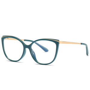 Teal cat-eye prescription glasses with gold metal arms, lightweight TR90 frames for women, stylish daily wear.