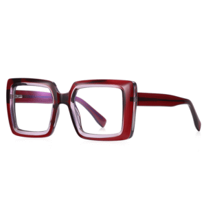 Bold burgundy square myopia glasses with thick acetate frame, deep red transparent color, side view showing sturdy temple arms.