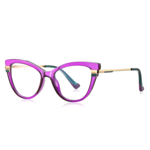 Purple cat-eye prescription glasses with gold metal temples, glossy acetate frame for women fashion party daily wear.