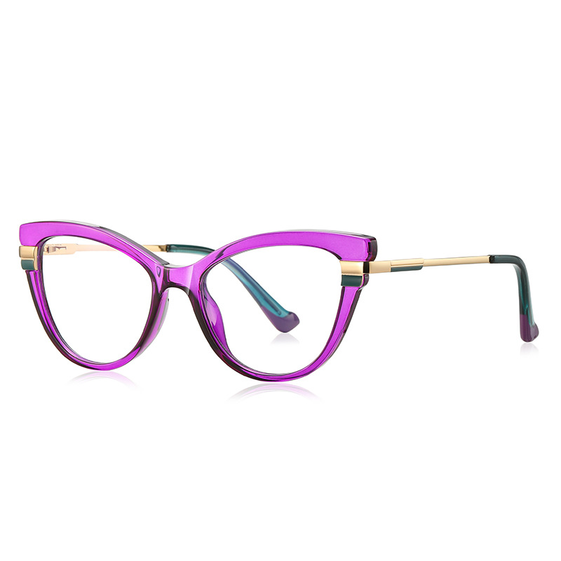 Purple Cat-Eye Prescription Glasses Women Gold Purple cat-eye prescription glasses with gold metal temples, glossy acetate frame for women fashion party daily wear.