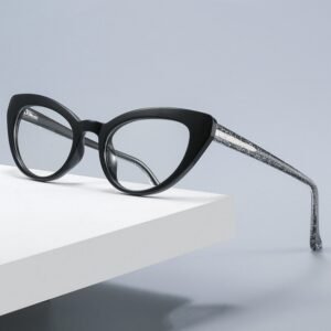Black cat-eye acetate myopia glasses with glitter silver temples, stylish prescription eyewear for women.