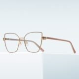 Stylish cat-eye prescription glasses with gold metal frames and pink acetate temples, lightweight design for women, by boboeye.