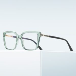 ransparent green prescription glasses with TR90 frame, gold glitter temple accents, lightweight unisex design, by boboeye.