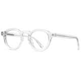 Crystal clear round myopia glasses with lightweight acetate frame, transparent color, side view showing spring hinge detail