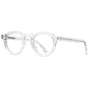 Crystal clear round myopia glasses with lightweight acetate frame, transparent color, side view showing spring hinge detail