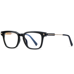 Black Square Frame Myopia Glasses with Gold Metal Temples - Lightweight Acetate Optical Eyewear for Daily Wear and Office Use