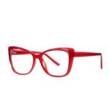 Red cat-eye myopia glasses with transparent acetate frame, lightweight prescription eyewear for women.