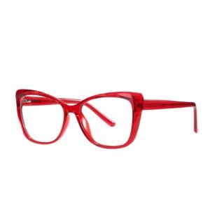 Red cat-eye myopia glasses with transparent acetate frame, lightweight prescription eyewear for women.
