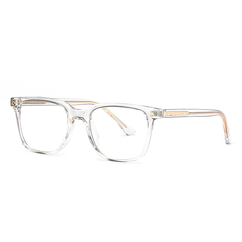 Clear Square Myopia Glasses - Acetate Frame Gold Accents Clear square myopia glasses with transparent acetate frame and gold-tone temple accents, unisex prescription eyewear.