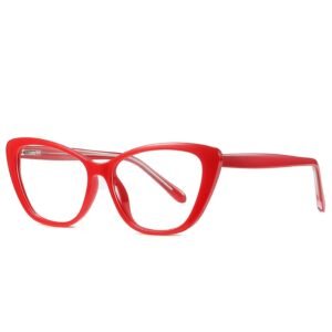 Bold red cat-eye prescription glasses, lightweight acetate frame with silver hinges, vintage fashion eyewear for women