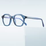 Blue geometric prescription glasses, transparent acetate frame, lightweight modern eyewear for men women daily office wear