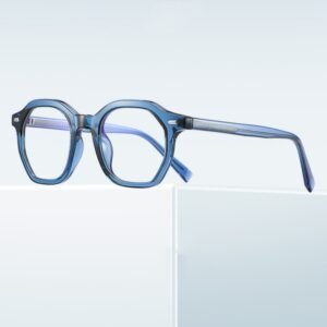 Blue geometric prescription glasses, transparent acetate frame, lightweight modern eyewear for men women daily office wear