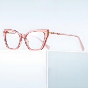 Pink cat-eye acetate prescription glasses with gold temples for women