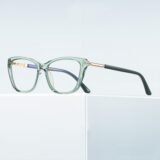 Women's cat-eye prescription glasses with mint green transparent TR90 frame, rose gold metal hinges, black temples, lightweight myopia eyewear for daily fashion wear.