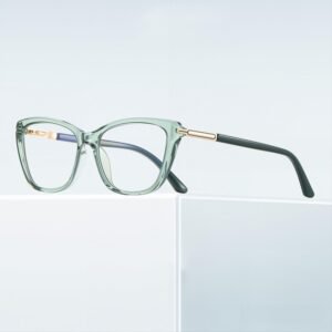 Women's cat-eye prescription glasses with mint green transparent TR90 frame, rose gold metal hinges, black temples, lightweight myopia eyewear for daily fashion wear.