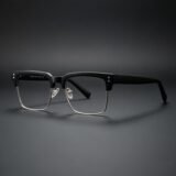 Men's browline prescription glasses with black acetate top frame, silver metal rims, adjustable nose pads, classic myopia eyewear for work and daily wear.