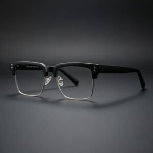 Men's browline prescription glasses with black acetate top frame, silver metal rims, adjustable nose pads, classic myopia eyewear for work and daily wear.