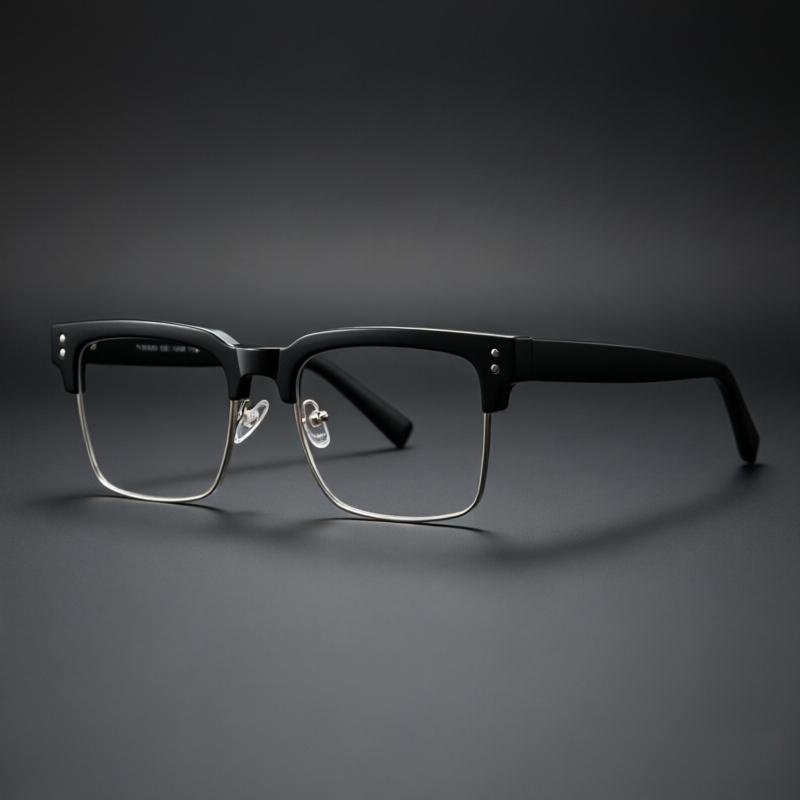 Men Browline Prescription Glasses Black Acetate Silver Metal Men's browline prescription glasses with black acetate top frame, silver metal rims, adjustable nose pads, classic myopia eyewear for work and daily wear.