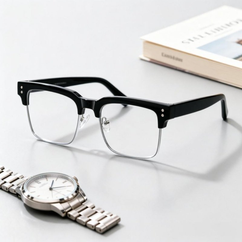 Men's Black Half-Rim Glasses Frame for Myopia, Durable Metal Optical Eyewear
