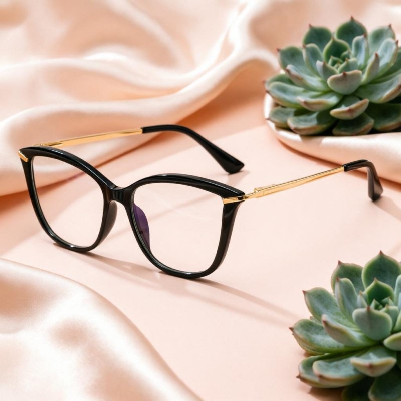 Women's Cat Eye Prescription Glasses Black Gold Lightweight