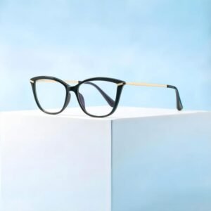 Women's black cat-eye prescription glasses with gold metal temples, lightweight acetate frame for daily fashion wear.
