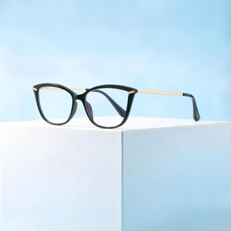 Women Black Cat-Eye Prescription Glasses Gold Metal Women's black cat-eye prescription glasses with gold metal temples, lightweight acetate frame for daily fashion wear.