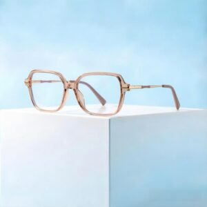 Women's oversized square prescription glasses with transparent pink TR90 frame, gold metal hinges, lightweight myopia eyewear for daily fashion wear.