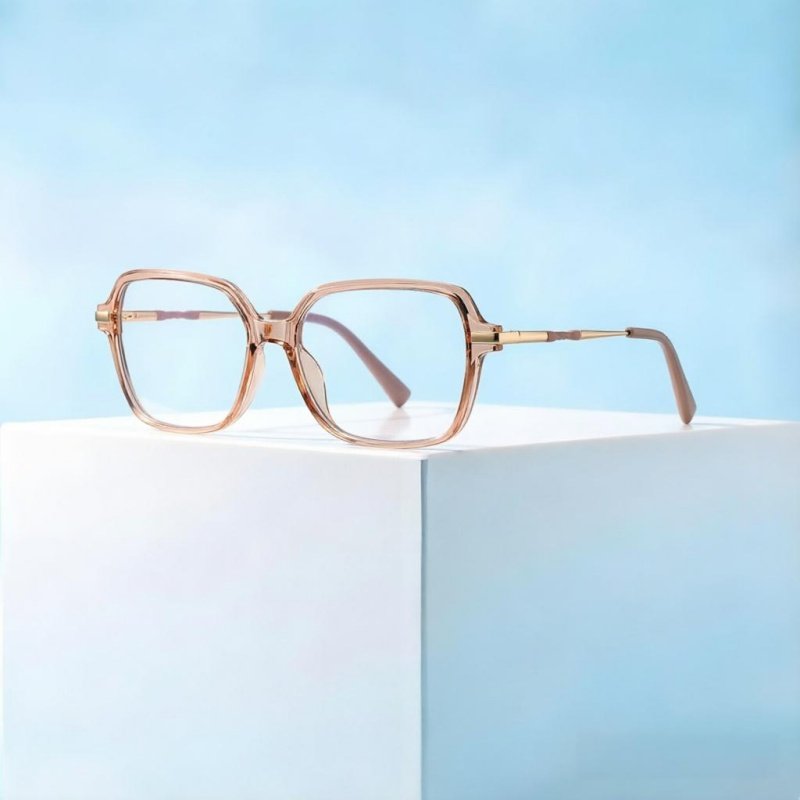 Women Oversized Square Prescription Glasses Pink TR90 Women's oversized square prescription glasses with transparent pink TR90 frame, gold metal hinges, lightweight myopia eyewear for daily fashion wear.