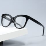 Bold black prescription glasses with thick acetate frame, retro cat-eye design, lightweight for women, by boboeye.