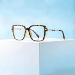 Tortoiseshell prescription glasses with acetate frame, gold metal temples, oversized square design for women, by boboeye.