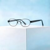 Matte black prescription glasses with metal frame, textured temple detail, round lightweight design unisex, by boboeye.