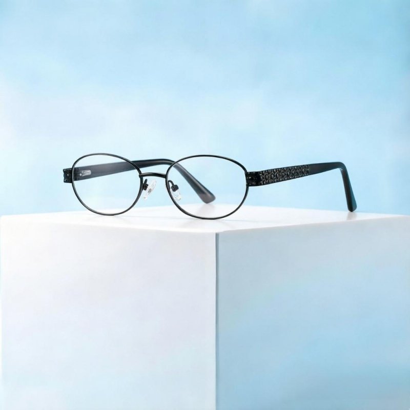 Black Metal Round Prescription Glasses Textured Unisex Matte black prescription glasses with metal frame, textured temple detail, round lightweight design unisex, by boboeye.
