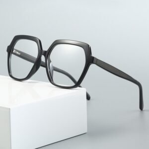 Women's oversized geometric prescription glasses with black acetate frame, bold square hexagon shape, lightweight myopia eyewear for fashion daily wear.