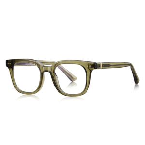 Olive green square acetate prescription glasses with vintage rivet details for men and women