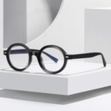 Black thick acetate round prescription glasses for men women, retro optical frame daily wear