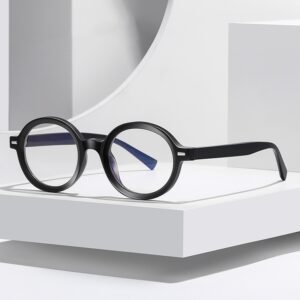 Black thick acetate round prescription glasses for men women, retro optical frame daily wear