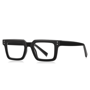 Black square prescription glasses with rivet details, thick acetate frame for men women professional office vintage style.